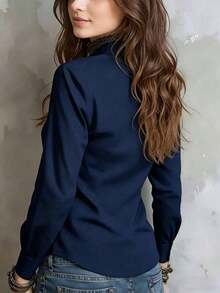 Camisa de manga larga de unicolor para mujer, con diseño de cuello para mostrar un aspecto profesional y capaz, hecha de tela cómoda. - Rojo - Ver 8