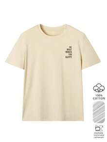 Maglietta da donna minimalista con stampa di lettere, 100% cotone morbido e confortevole, casual a maniche corte, grafica "La felicità è uno stato d'animo", vestibilità morbida stile college, adatta per uso quotidiano, ritorno a scuola, appuntamenti al caffè, uscite estive - Albicocca - Visualizzare 3