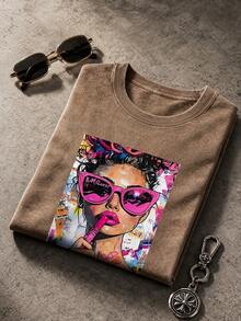100% Pure Cotton Men's And Women's Universal Style Vintage Washed T-Shirt, Cartoon Girl Fun Red Lipstick Color, Urban Graffiti Portrait - 摩卡棕 - 查看 6