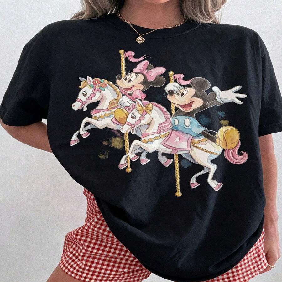 Disney Watercolor Unicorn Carousel Oversized T-Shirt Unisex, 100% Cotton Vintage Short Sleeve Casual Top, Mickey & Minnie Family Matching Graphic Print Tee - Black - View 1