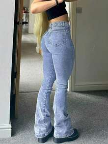 GILIPUR Jeans acampanados de talle alto estilo Y2K, pantalones de mujer de unicolor elásticos y elegantes, pantalones vaqueros con estampado de copos de nieve de uso casual - Azul 3 - Ver 11