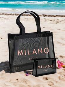 大容量網格肩背包附化妝包功能，飾有玫瑰金「Milano」標誌。這是一款便攜式海灘度假大容量托特包、網格海灘包、便攜式透明網格化妝包和收納包。它是適合男士、女士、情侶日常使用、約會、生日和其他場合的理想購物袋。 - 彩色 - 查看 5