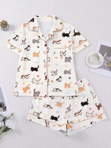2pcs/Set Women's Pajama Set, Cat Print, Women's Loungewear, Spring/Summer Holiday Outfit, Short Sleeve Top And Shorts Set - Apricot - View 7