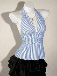 Top sin espalda de halter estilo boho marrón para salir, tipo babydoll, para primavera a verano - rayas azules - Ver 4