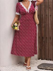 Vestido de encaje floral rojo vintage con escote en V, vestido romántico francés de cintura ceñida y longitud hasta la rodilla, con vibra de vacaciones - Burdeos - Ver 7