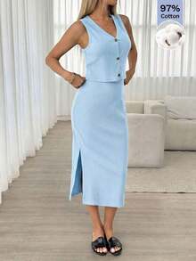 Conjunto de 2 piezas de chaleco de un solo pecho de unicolor y minifalda casual, conjunto de negocios casuales, coordinados para mujer, conjunto de verano, atuendo de oficina para mujer - Azul - Ver 3