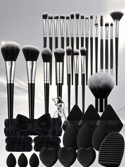 40Pcs All-In-One Premium Complete Makeup Tool Set 23Pcs Soft Fluffy Makeup Brushes Assorted Sponges And Powder Puffs Hairband Wristband Makeup Brush Cleaner Eyelash Curler Practical Full Beauty Kit