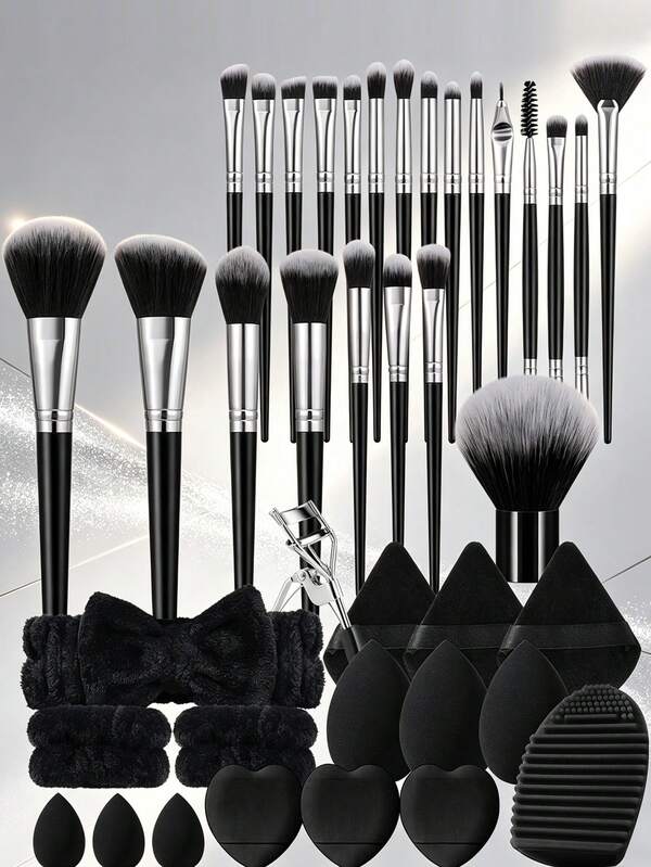 40Pcs All-In-One Premium Complete Makeup Tool Set 23Pcs Soft Fluffy Makeup Brushes Assorted Sponges And Powder Puffs Hairband Wristband Makeup Brush Cleaner Eyelash Curler Practical Full Beauty Kit