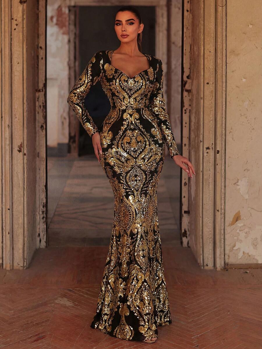 Faeriesty Đầm maxi dài tay dáng đuôi cá đính sequin lấp lánh dành cho nữ, đầm dạ hội trang trọng cổ trái tim thanh lịch, thiết kế tương phản cho đám cưới.