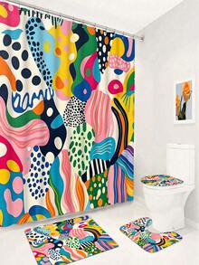 1/4pc Abstract Art Shower Curtain Set, Multi-Color Pop Art Print Bathroom Decor, Bathroom Curtain, Bathroom Accessories Including U-Shaped Mat, Toilet Lid Cover, 70.87X70.87 Inch Shower Curtain With Hooks, Modern Abstract Bathroom Decor - A - View 20