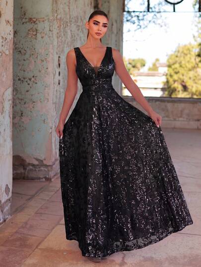 Faeriesty Women's Elegant V-Neck Sleeveless A-Line Sequin Decorated Dress - Lightweight And Flowing Spring/Summer Formal Dress - Perfect For Wedding Guests, Galas, Red Carpet Events, Summer Vacation Party Black