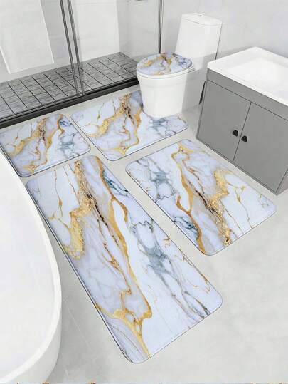 3/5pcs Optional White Platinum Gold Marble Pattern Bathroom Mat Set, Luxury Minimalist Style, Absorbent Anti-Slip Polyester Mat, Multiple Shapes Available, Quick-Drying Anti-Fall Bathroom Foot Mat, Suitable For Bathroom, Entryway, Bedroom, Daily And Holiday Home Decor Mat Set, Includes 50*120cm, 40*60cm, 45*74cm Mat, Toilet Lid Mat, U-Shaped Mat