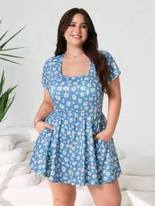 Mono de manga corta con estampado de lunares minimalista y retro para mujer talla, adecuado para el verano - Multicolor 5 - Ver 7