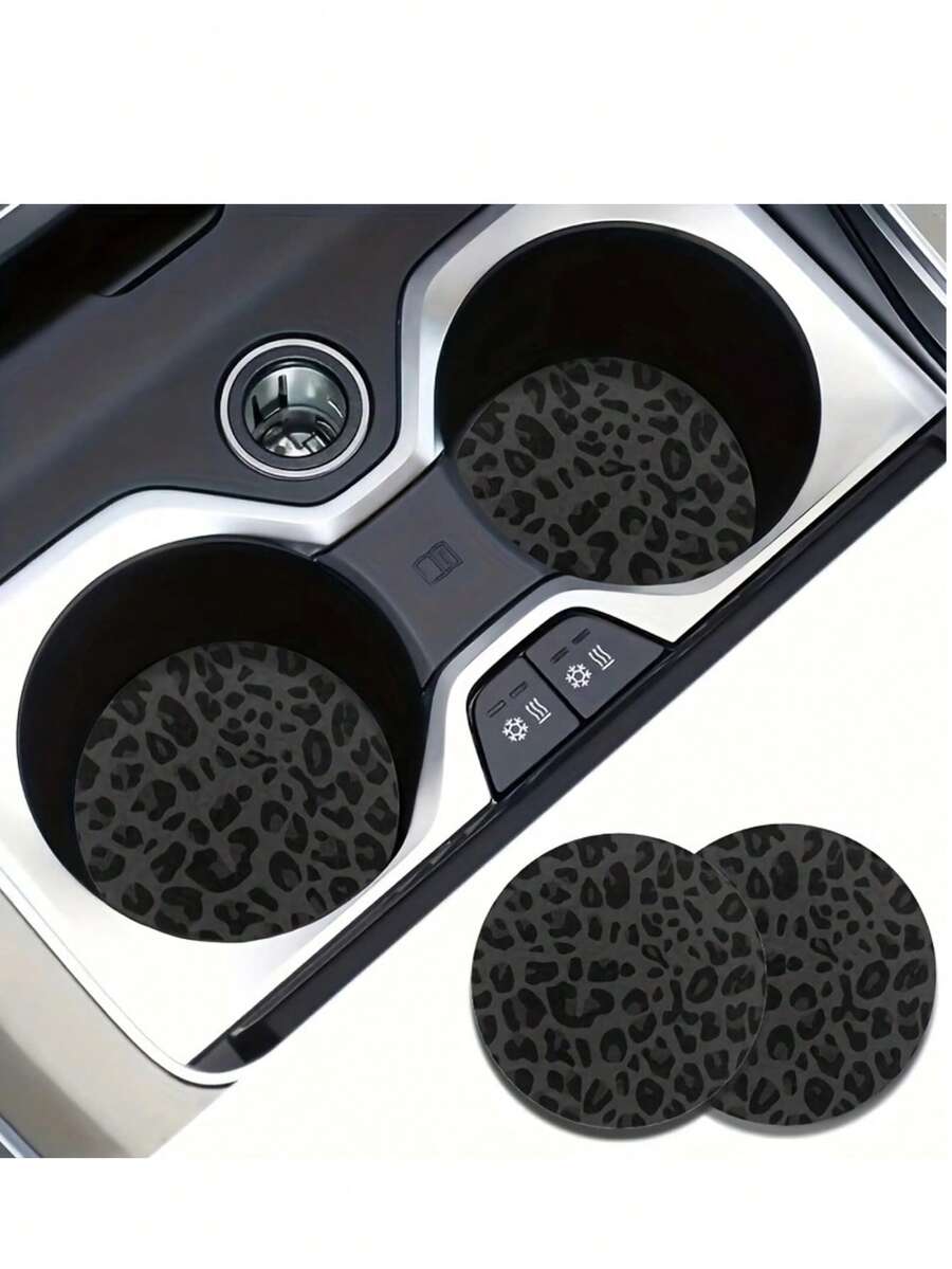 2 miếng lót khay đựng cốc ô tô, trang trí nội thất ô tô chống trượt, miếng lót khay đựng cốc họa tiết da báo, nâng cao chất lượng nội thất ô tô, quà tặng tuyệt vời - Họa tiết da báo xám - Xem 1