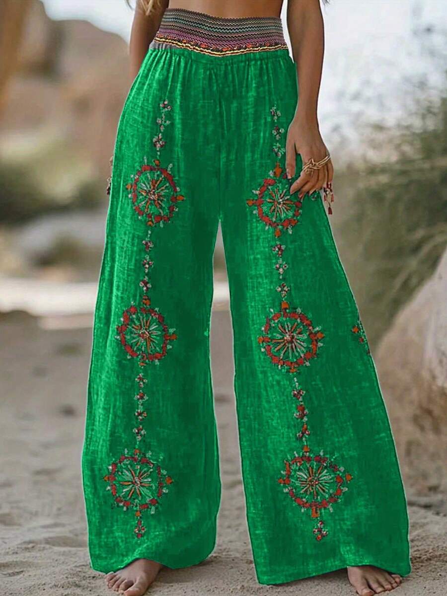 Talla Grande - Talla Grande - Nuevo Diseño Primavera/Otoño Niche Pantalones Casuales Holgados Retro de Cintura Alta con Estampado Aleatorio de Pierna Ancha - Verde - Ver 1