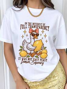 Retro Lemon Humor Goose Printing Summer Women's Neck Loose Casual Pure Cotton T-Shirt, Funny And Satirical Goose Printing Top , 2026 New Model Refreshing Summer Tops-Tee Shirts Women Cute Funny Graphic Tees, 4th Of July Outfit Women Summer Graduation Outfits - 白色 - 查看 4
