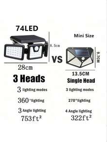 Solar Powered Outdoor Light With Motion Sensor, 3-Head Security Light, Solar Powered, 74 LED/100 LED/Mini Flood Light, With Motion Detection Spotlight, Suitable For Garage, Yard Entrance, Patio, IP65 Waterproof - Black - View 10