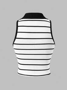 Blusa sin mangas de estilo casual con cuello de solapa y contraste de color a rayas, adecuada para salidas diarias en primavera/verano - Blanco y Negro - Ver 3