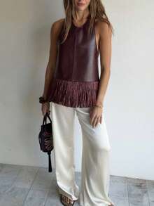 Womens Western Cowgirl Fringe Top Country Concert Outfits Festival Tassel Hem Boho Rodeo Camisole Rave Tank Shirt - Dark Brown - View 6