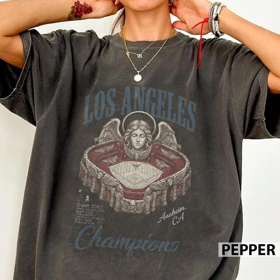 Vintage Los Angeles Baseball Shirt Retro Angels Game Day Com Fort Colors Tee - 黑色 - 查看 1