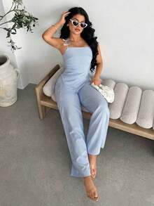 Conjunto de 2 piezas de blusa asimétrica con cuello de lazo a rayas azul y blanco y pantalones rectos informales para mujer, conjunto de vacaciones de verano en azul claro y azul bebé para mujer - Azul - Ver 5