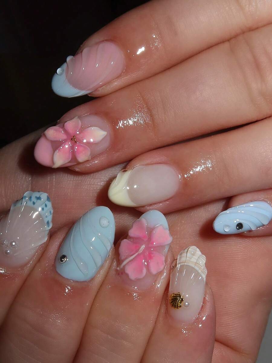 24pcs Blue, Yellow, Pink 3D Petal Water Drop Almond Short False Nails, Suitable For Women's Daily, Date, Party Use, Comes With Gel Glue And Nail File - Multicolor - View 1