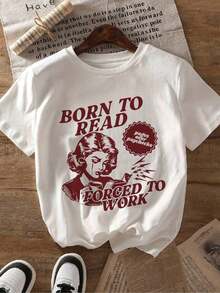1 pieza Camiseta Gráfica para Mujer "Nacida para Leer, Obligada a Trabajar" - Camiseta con Diseño Vintage para Amantes de los Libros - Ilustración Retro de Mujer, Cuello Redondo Suave y Elástico - Top Casual de Manga Corta, Ropa Casual, Lavable - Ropa de Trabajo de Ajuste Cómodo, Sudadera de Estilo Minimalista, 180g Algodón 100% - Negro - Ver 6