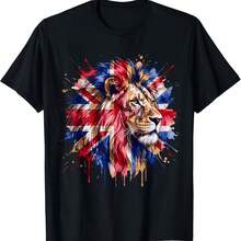 Watercolor Lion Union Jack British Flag Retro Splatter Style T-Shirt - Black - View 1