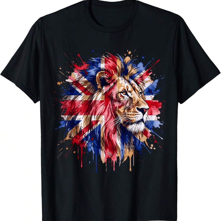 Watercolor Lion Union Jack British Flag Retro Splatter Style T-Shirt - Black - View 1