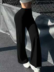 女款通勤運動優雅現代職場純色修身喇叭褲，辦公室女妖風 - 黑 - 查看 5