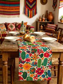 Tropical Flower Cactus Pattern Table Runner, Mexican Style, Modern Home Kitchen Decor, Table Runner Placemat Pillowcase Set, Suitable For Daily Home Kitchen Decoration, Daily Party Decoration. - Multicolor - View 1