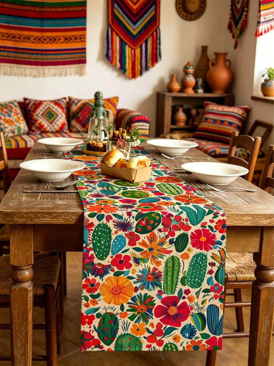 Tropical Flower Cactus Pattern Table Runner, Mexican Style, Modern Home Kitchen Decor, Table Runner Placemat Pillowcase Set, Suitable For Daily Home Kitchen Decoration, Daily Party Decoration. - Multicolor - View 1