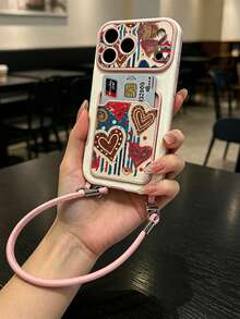 [Colorful Line Heart Print] Fresh Summer Breeze Card Holder Phone Case With Lanyard, Supports Card Insertion, Compatible With IPhone 11/12/13/14/15/16/17 Pro/Pro Max, Full Camera Protection Anti-Drop Case - Multicolor - View 2