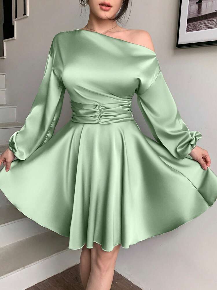 abyoxi Women's Pink Satin, One Shoulder Asymmetric Neckline, Puff Sleeve Long Sleeve, Ruched Cinched Waist, Ruffle Hem Mini Dress, Elegant Sexy, Romantic Young Hot, Party, Date, Wedding, Everyday Going Out, Graduation Season, Dinner Gown, Formal Dresses, Spring Summer Fall Winter Short Dress - Light Green - View 5