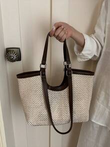 2026 Summer Casual Woven Rope Knot Design Beach Tote Bag, Versatile Large Capacity Travel Essential - Coffee Brown - View 2
