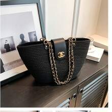 Woven Women's Bags, Summer Beach Bags, Hand-Woven Straw Bags, Boho-Style Tote Bags, Retro Shoulder Bags, Hand-Woven Raffia Bags, Travel Bags And Beach Handbags For Women, Gifts For Women - 黑色 - 查看 4