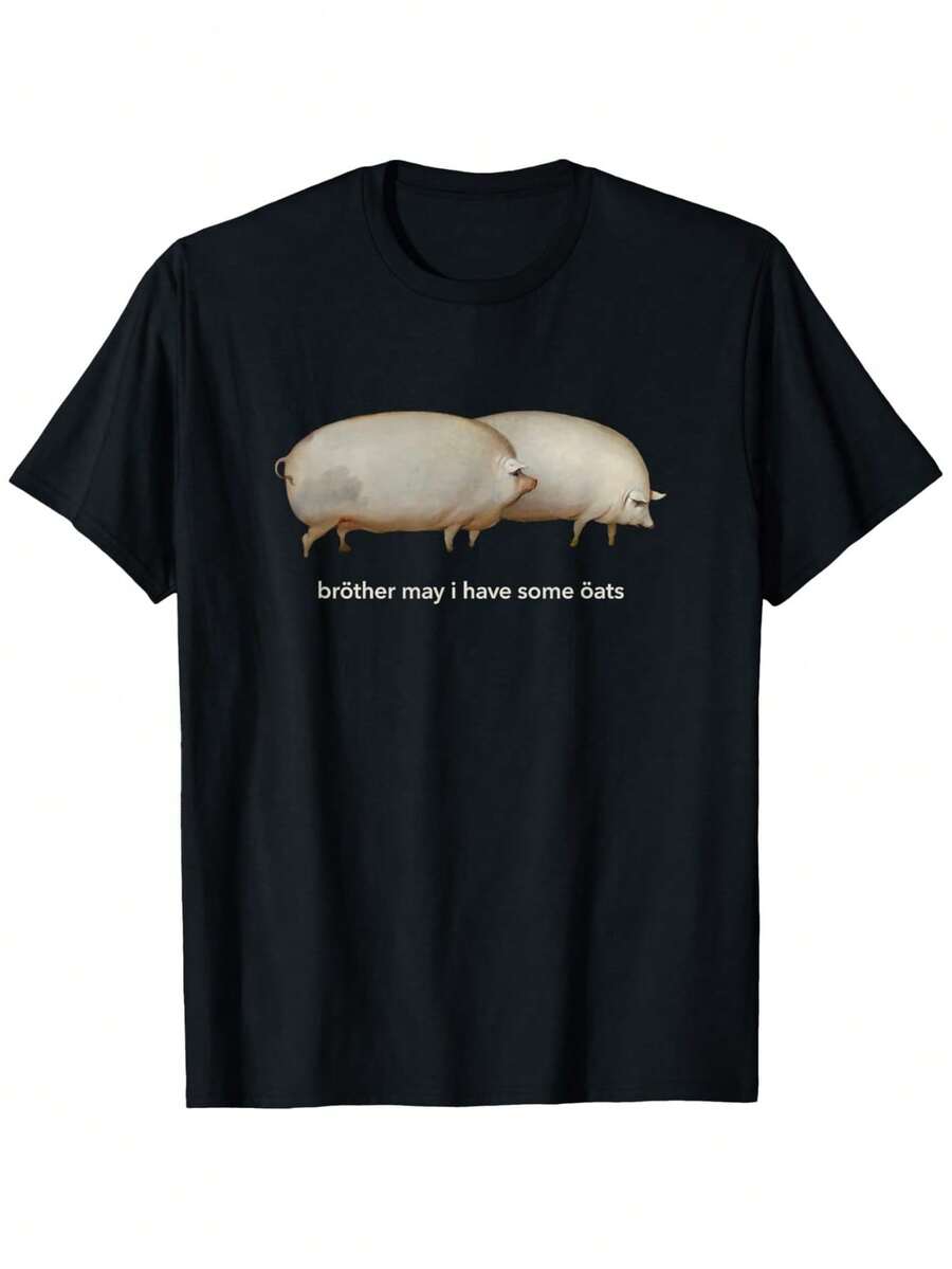 Brother May I Have Some Oats T-shirt classique avec motif de cochons, unisexe, en coton, décontracté, à col rond, à manches courtes, pour l'extérieur, légèrement extensible, légèrement élastique, 100% coton, tailles S-XXL - Noir - Voir 1