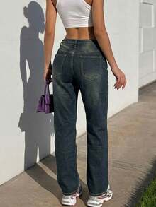 Women's Vintage Washed Loose Straight Jeans With Pockets Casual - Navy Blue - View 5