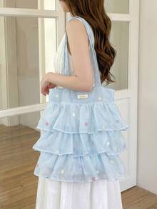 Ditsy Floral Layered Cake Tote Bag, Soft Chiffon Ruffle Korean Style Girl's Commute & School Large Capacity Shoulder Bag - Blue - View 3