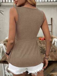 Camiseta sin mangas con cuello en V y retorcido delantero arrugado, para mujer, de verano - Caqui - Ver 5