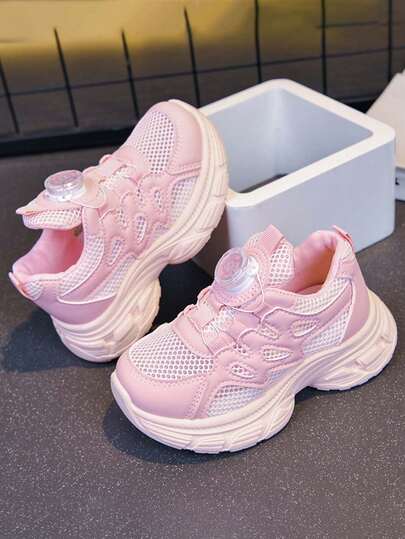 Girls' Spring/Autumn Hollow Mesh Sneakers, Rotary Slip-On Soft Sole Non-Slip Running Shoes, Kids' Versatile Casual Chunky Sneakers, Breathable Lightweight Sports Shoes For School & Daily Wear