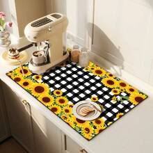 1 pieza Estera de secado de platos con estampado de girasol y cuadros, de alta absorción y secado rápido, almohadilla decorativa de drenaje para mesa de comedor, cafetería, encimera de cocina, regalo versátil para el hogar, decoración de escritorio - XYLSD-404 - Ver 3
