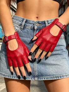 1 Pair Women's Red Metal Buckle Adjustable Width Half Finger Motorcycle Leather Gloves - Red - View 3