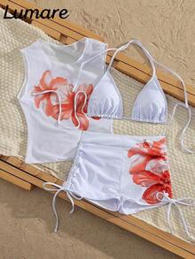 Conjunto de bikini de 3 piezas/set: Top halter casual y sexy con cubierta de malla floral transparente, Bottom de traje de baño con lazos laterales, tela con estiramiento moderado, adecuado para vacaciones, playa, actividades en la piscina, fiestas en la playa, vacaciones de verano - Multicolor 2 - Ver 6