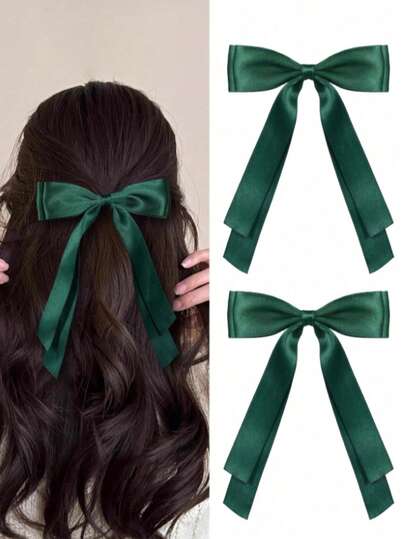 2 cái/Bộ Kẹp tóc nữ, Kẹp tóc nơ tua xanh đậm, Đuôi dài, Kẹp cá sấu satin polyester màu trơn, Phụ kiện tóc thời trang