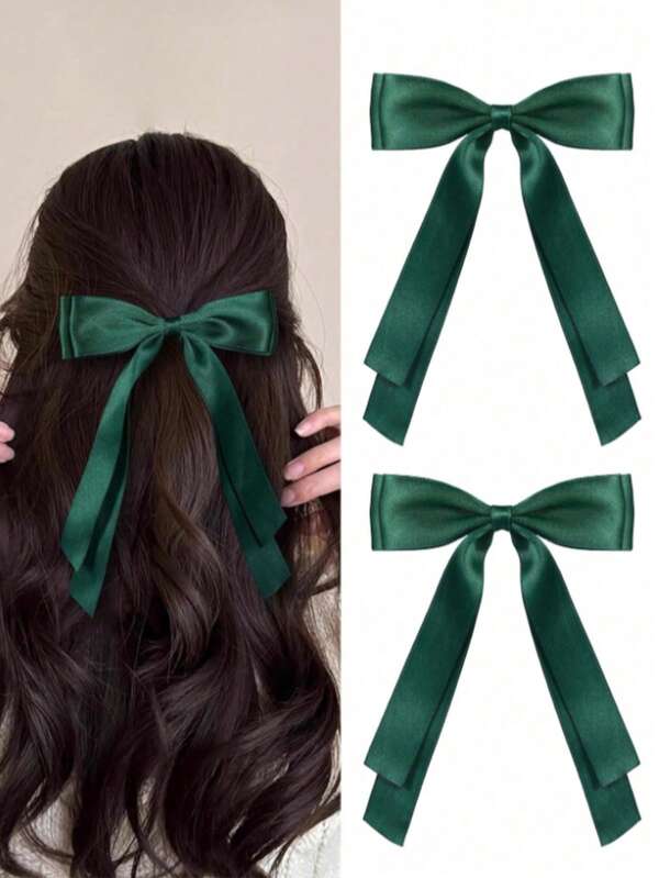 2 Pcs Women's Hair Clips, Dark Green Tassel Bow Hair Clips, Long Tail, Solid Color Satin Polyester Alligator Clips, Fashion Hair Accessories