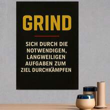 Póster motivacional alemán de 1 pieza con letras GRIND - Arte de pared en lienzo enmarcado vertical dorado sobre negro - Frase en alemán adecuada para decoración del hogar, oficina, sala de estar - Impresión de texto rústico moderno, instalación con gancho - Enmarcado - Ver 3