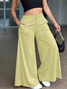 Pantalones anchos y sueltos de unicolor y casual para mujer, elegantes y minimalistas para la primavera - Amarillo - Ver 5