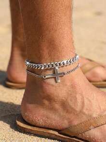 Men 2Pcs Stainless Steel Cross Anklet Chain Set Non-Tarnish Waterproof Layered Cuban Foot Bracelet Beach Vacation Jewelry Father's Day Gift For Dad Husband - Multicolor - View 8