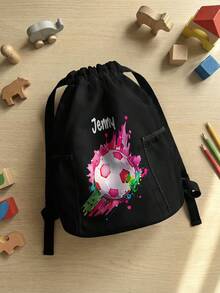 1pc Customized Name Cartoon Soccer Pattern Drawstring Backpack, Sports Bag With Pockets, Can Be Customized According To Your Unique Design, Back To School Gift, Perfect For Kids, Boys, Girls, Print Your Own Name Or Print Your Sister's And Classmates' Names As Gifts For Them - Multicolor - View 3